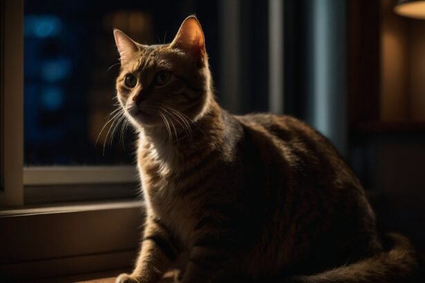 Chat tigré assis près d’une fenêtre la nuit, éclairé par une lampe, regardant dehors avec curiosité.