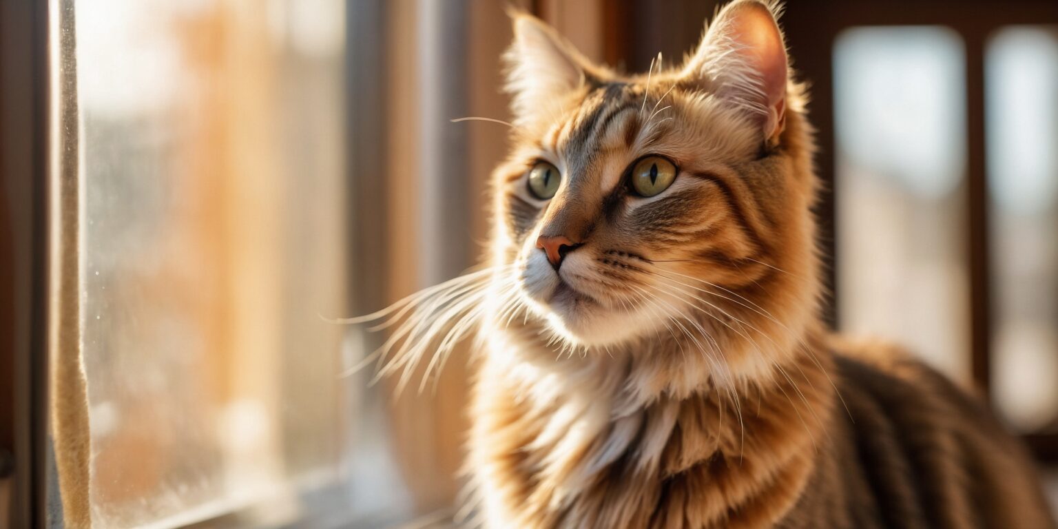 Chat tigré aux yeux verts regardant par la fenêtre, baigné de lumière chaude en fin de journée.