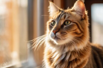 Chat tigré aux yeux verts regardant par la fenêtre, baigné de lumière chaude en fin de journée.