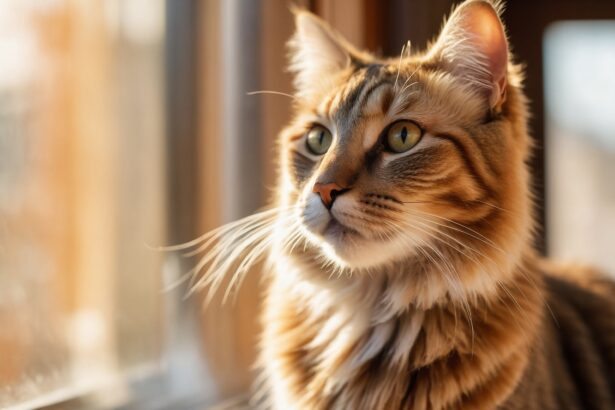 Chat tigré aux yeux verts regardant par la fenêtre, baigné de lumière chaude en fin de journée.