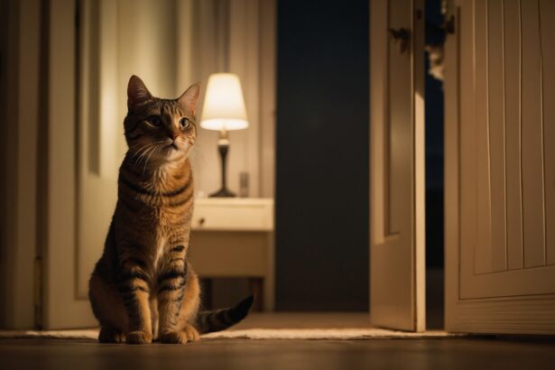 Chat tigré assis sur le sol d’une chambre faiblement éclairée, une lampe allumée posée sur une table de nuit en arrière-plan.