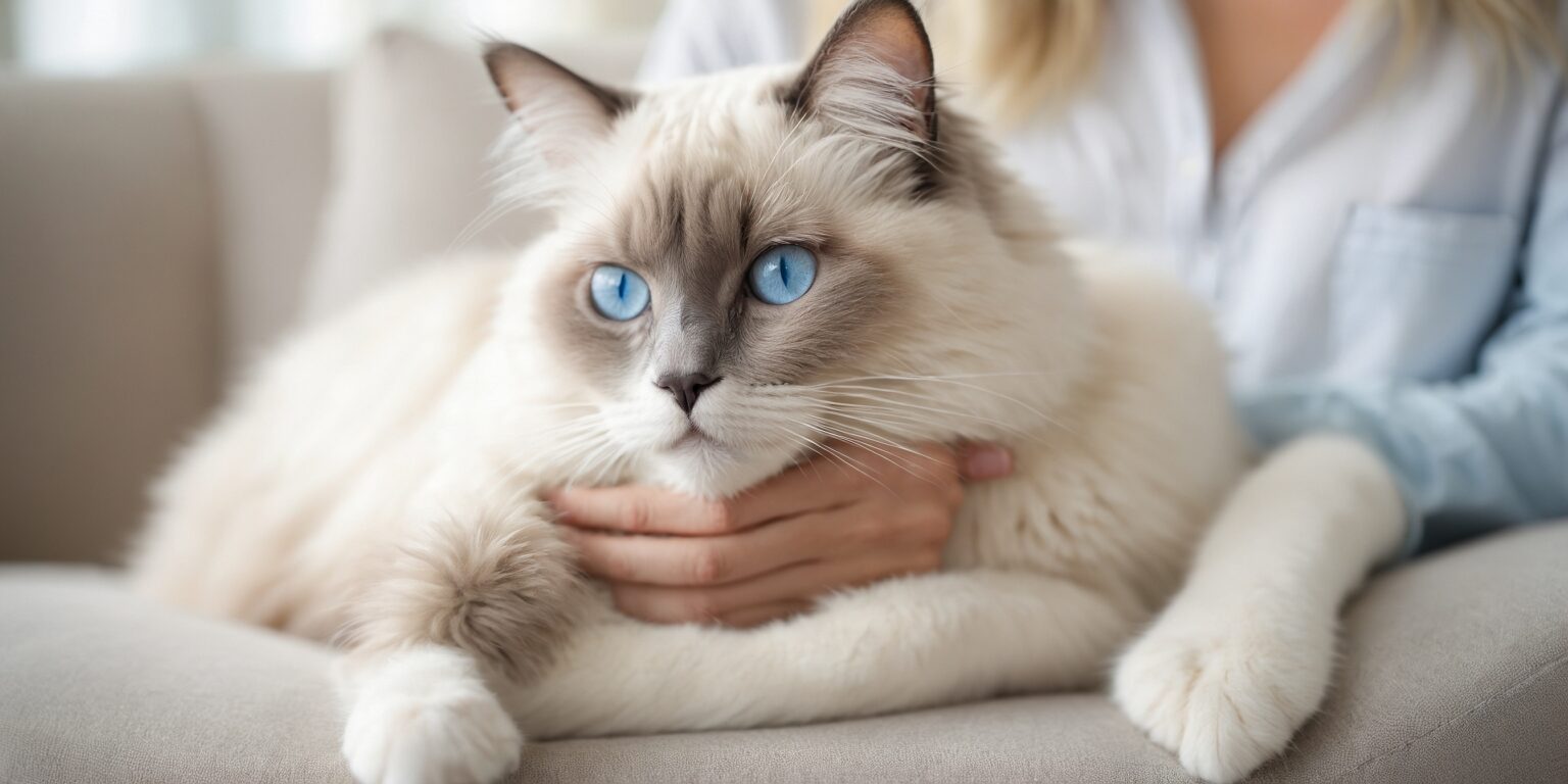 Chat ragdoll aux yeux bleus, pelage soyeux, allongé sur un canapé, entouré par des mains humaines affectueuses.