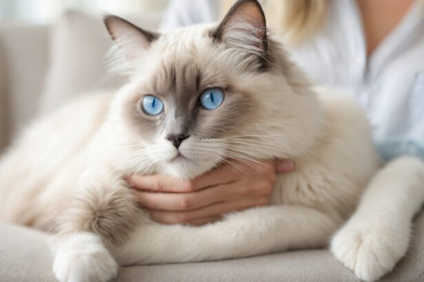 Chat ragdoll aux yeux bleus, pelage soyeux, allongé sur un canapé, entouré par des mains humaines affectueuses.