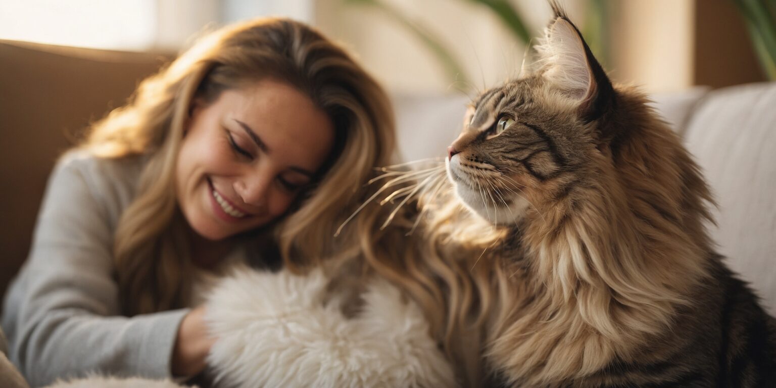 Femme souriante caressant un chat à poils longs sur un canapé, créant une ambiance chaleureuse et apaisante.