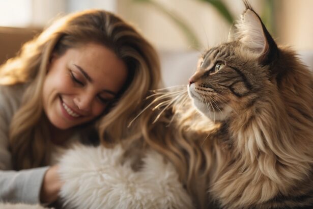 Femme souriante caressant un chat à poils longs sur un canapé, créant une ambiance chaleureuse et apaisante.