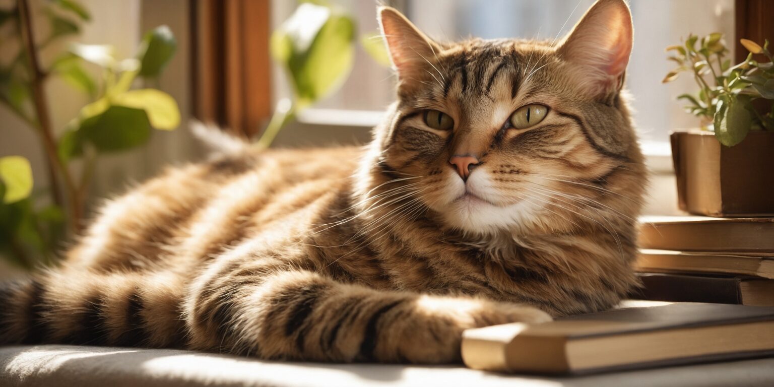 Chat tigré allongé sur une table ensoleillée, entouré de plantes et de livres, regardant paisiblement par la fenêtre.