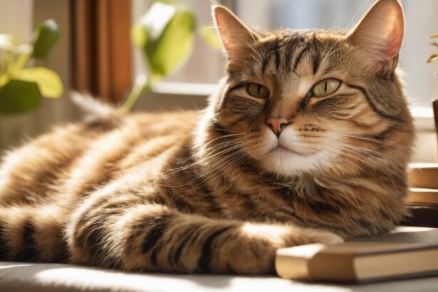 Chat tigré allongé sur une table ensoleillée, entouré de plantes et de livres, regardant paisiblement par la fenêtre.