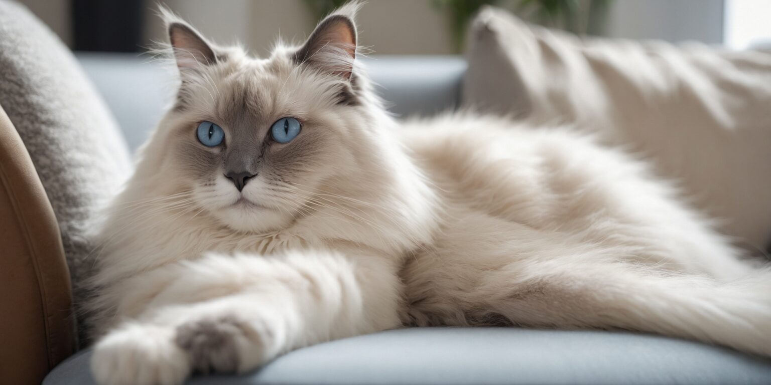 Chat aux yeux bleus allongé sur un canapé, regardant calmement devant lui, entouré de coussins moelleux.