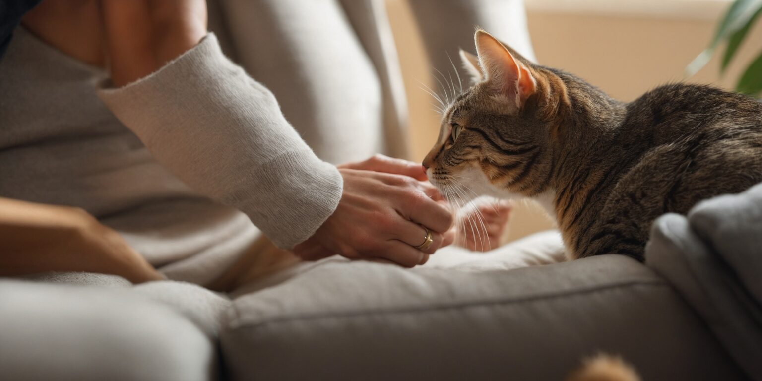 Chat tigré reniflant la main d'une personne assise sur un canapé, créant un moment de tendresse et de complicité.