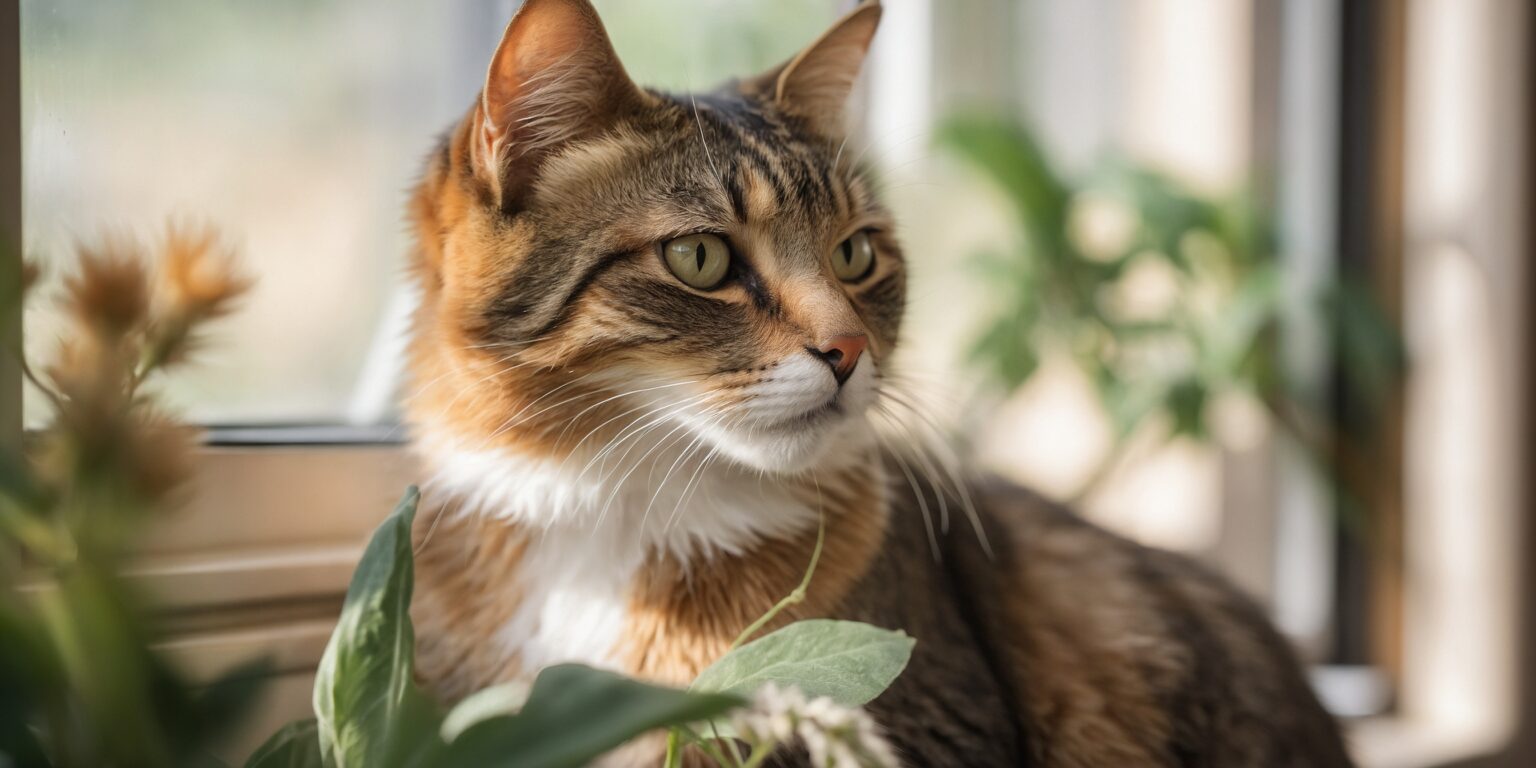 Chat tigré regardant par la fenêtre, entouré de plantes vertes, baigné de lumière naturelle.
