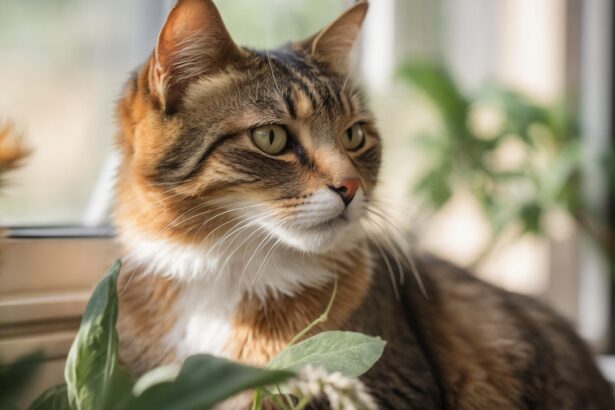 Chat tigré regardant par la fenêtre, entouré de plantes vertes, baigné de lumière naturelle.