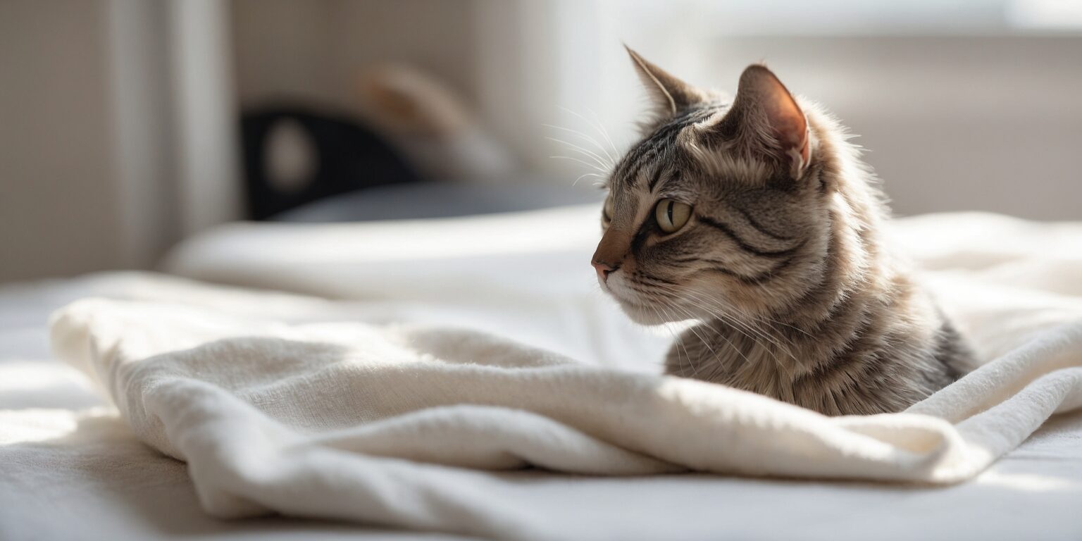 Chat tigré allongé sur un lit blanc, regardant par la fenêtre, baigné de lumière douce.