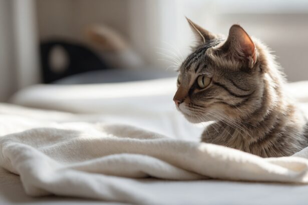 Chat tigré allongé sur un lit blanc, regardant par la fenêtre, baigné de lumière douce.
