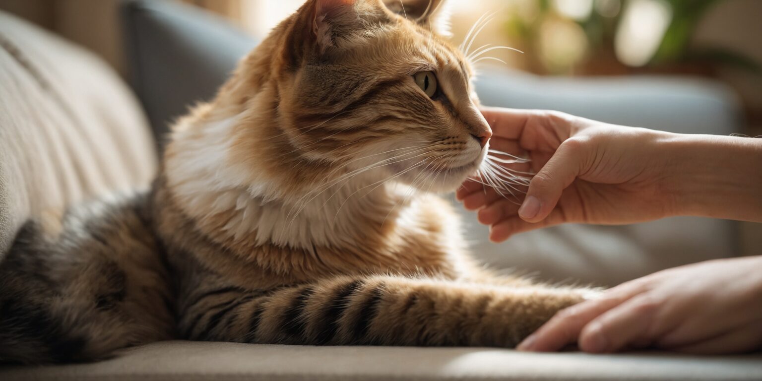 Chat tigré couché sur un canapé, se faisant caresser le menton par une main humaine, exprimant la douceur et la tranquillité.