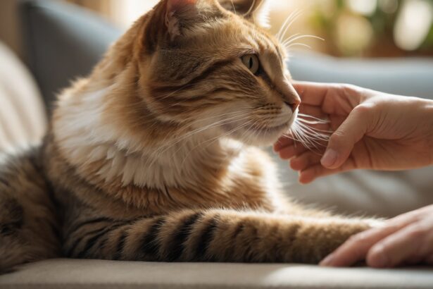 Chat tigré couché sur un canapé, se faisant caresser le menton par une main humaine, exprimant la douceur et la tranquillité.