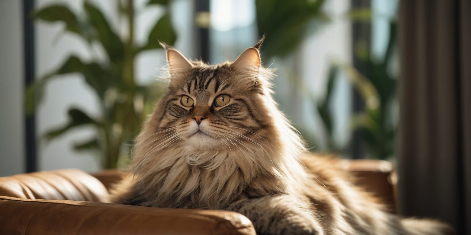 Chat Maine Coon majestueux allongé sur un canapé en cuir, entouré de plantes vertes en arrière-plan lumineux.