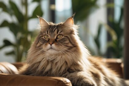 Chat Maine Coon majestueux allongé sur un canapé en cuir, entouré de plantes vertes en arrière-plan lumineux.