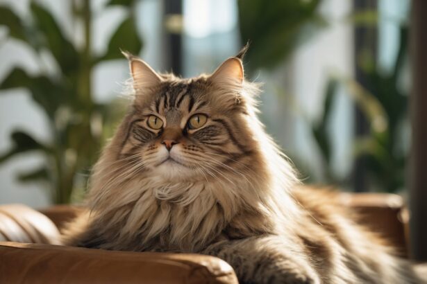 Chat Maine Coon majestueux allongé sur un canapé en cuir, entouré de plantes vertes en arrière-plan lumineux.