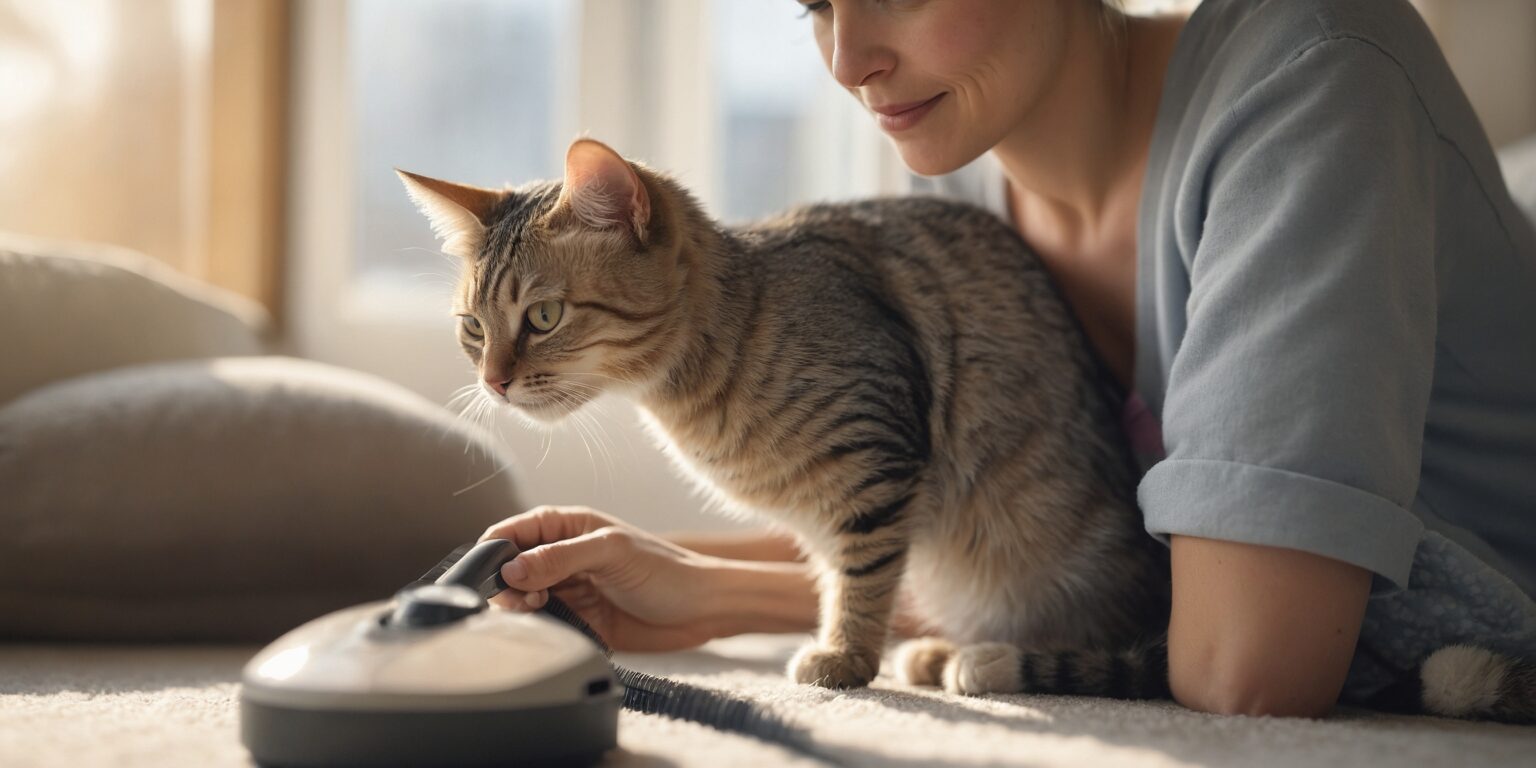 Chat curieux observant un aspirateur, avec une femme souriante à ses côtés, dans une pièce ensoleillée.