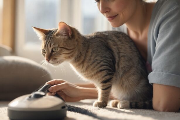 Chat curieux observant un aspirateur, avec une femme souriante à ses côtés, dans une pièce ensoleillée.