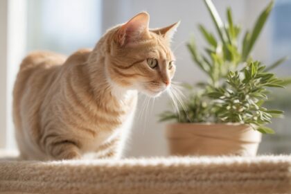 Chat roux regardant par la fenêtre, debout sur un tapis moelleux à côté d'une plante en pot, éclairé par la lumière naturelle.