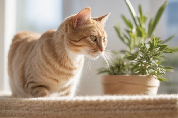 Chat roux regardant par la fenêtre, debout sur un tapis moelleux à côté d'une plante en pot, éclairé par la lumière naturelle.