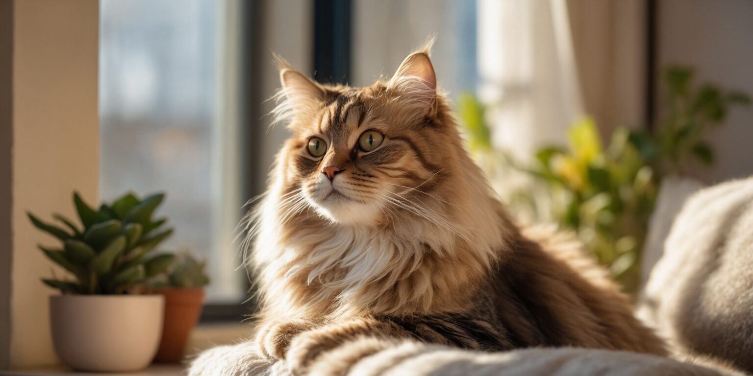Chat à poils longs allongé sur un canapé, regardant par la fenêtre, entouré de plantes vertes dans des pots.
