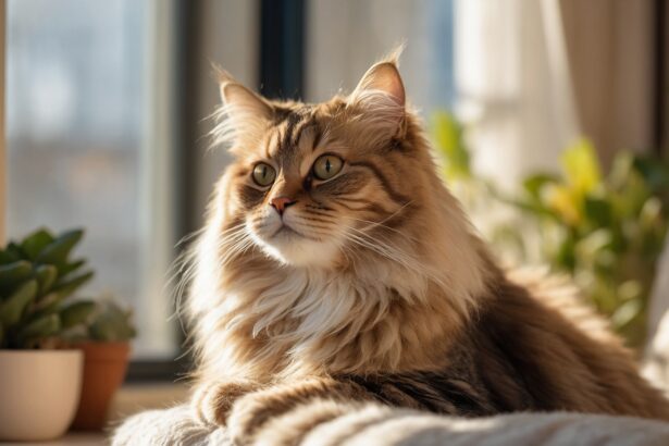 Chat à poils longs allongé sur un canapé, regardant par la fenêtre, entouré de plantes vertes dans des pots.