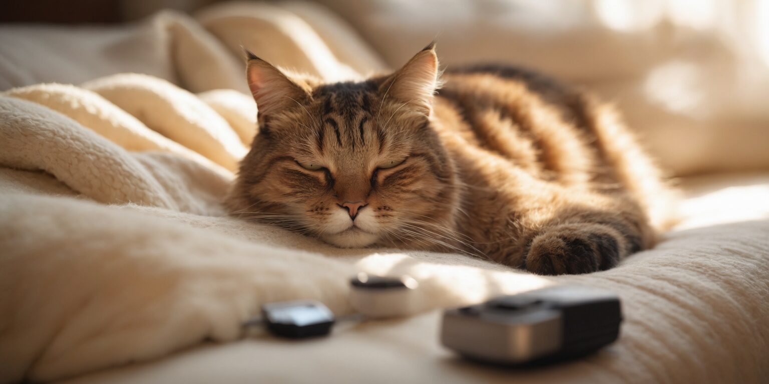 Chat tigré endormi sur une couverture beige, entouré d'appareils électroniques flous, baigné de lumière douce.