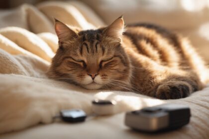 Chat tigré endormi sur une couverture beige, entouré d'appareils électroniques flous, baigné de lumière douce.