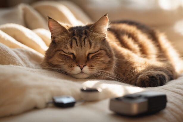 Chat tigré endormi sur une couverture beige, entouré d'appareils électroniques flous, baigné de lumière douce.