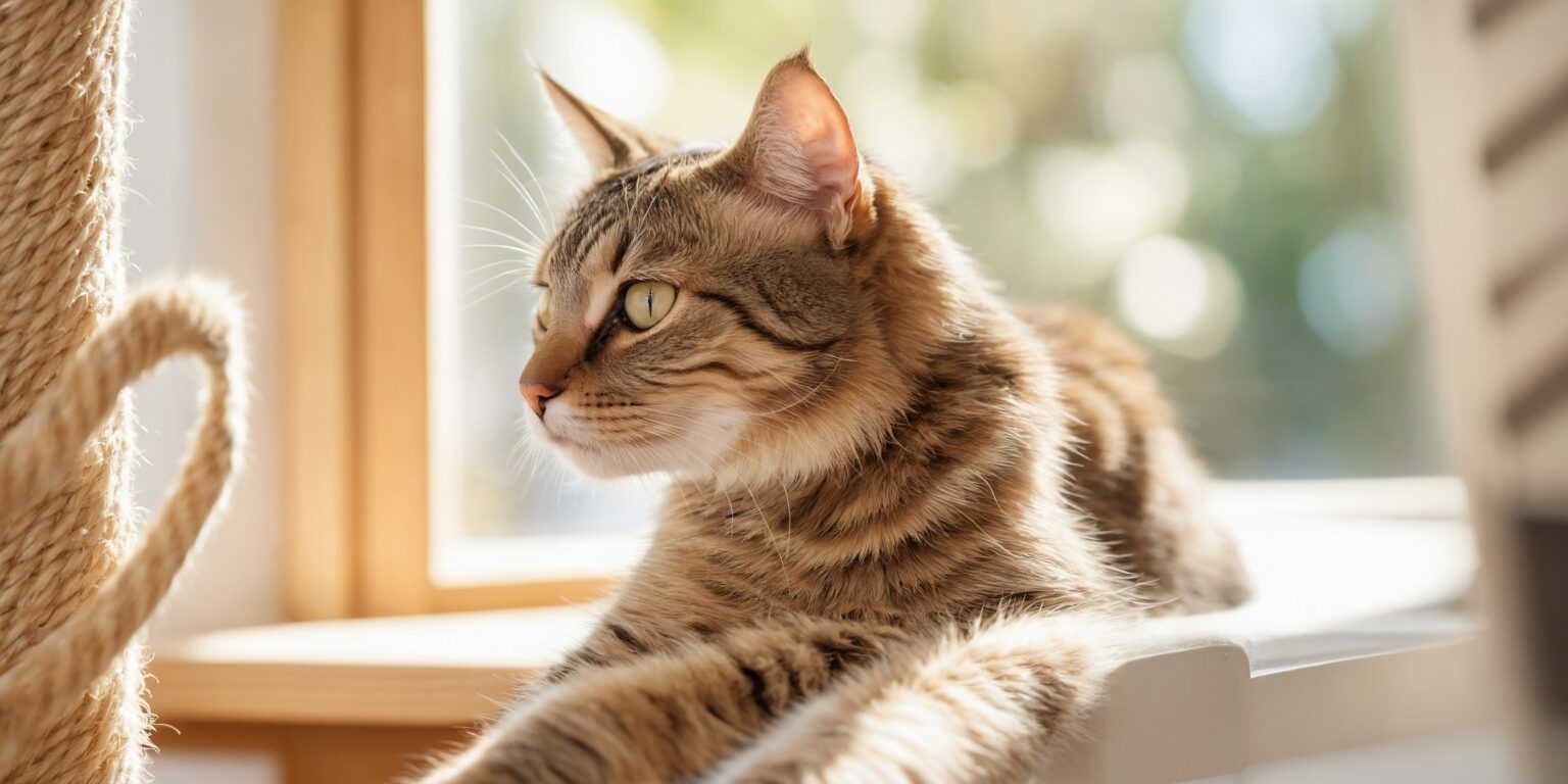 Chat tigré allongé près d'une fenêtre, regardant dehors, avec un griffoir en corde au premier plan.