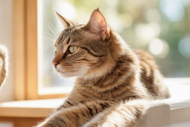 Chat tigré allongé près d'une fenêtre, regardant dehors, avec un griffoir en corde au premier plan.