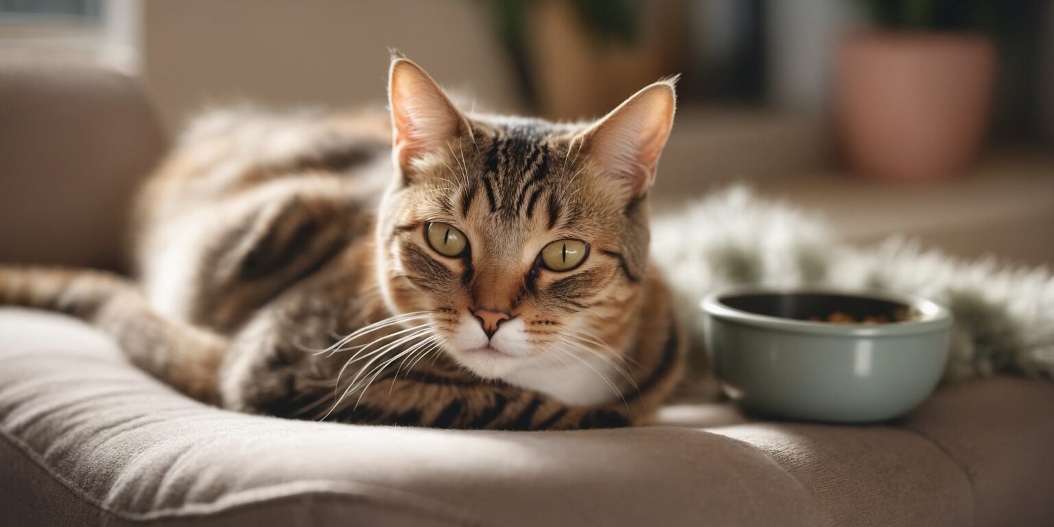 Chat tigré allongé sur un canapé beige, regardant fixement, avec un bol de croquettes à ses côtés.