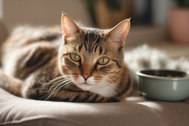 Chat tigré allongé sur un canapé beige, regardant fixement, avec un bol de croquettes à ses côtés.