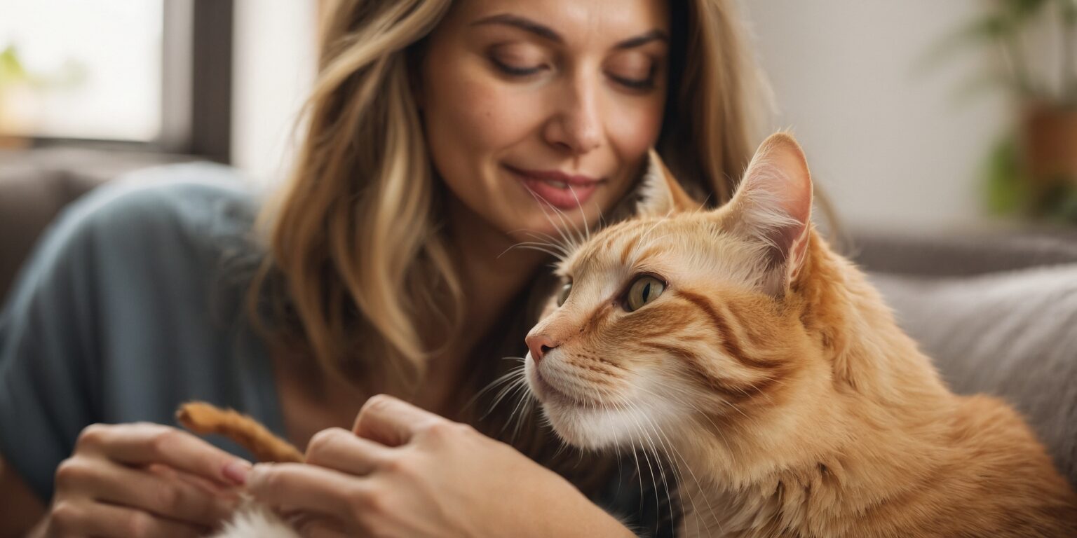 Femme souriante caressant un chat roux, créant un moment de tendresse et de complicité.