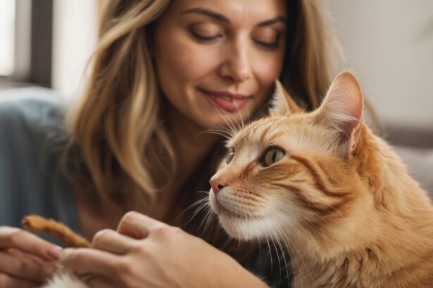 Femme souriante caressant un chat roux, créant un moment de tendresse et de complicité.