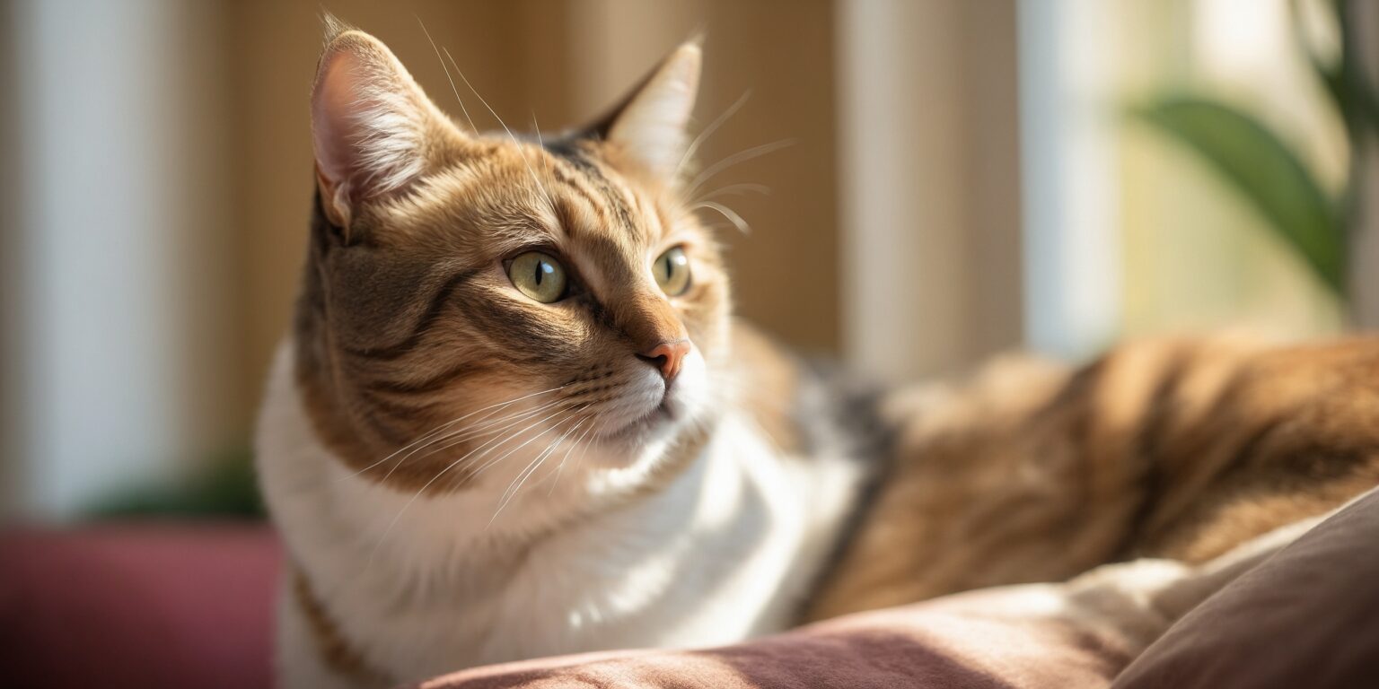Chat tigré aux yeux verts, allongé sur un coussin, baigné de lumière naturelle douce, regardant attentivement vers la gauche.