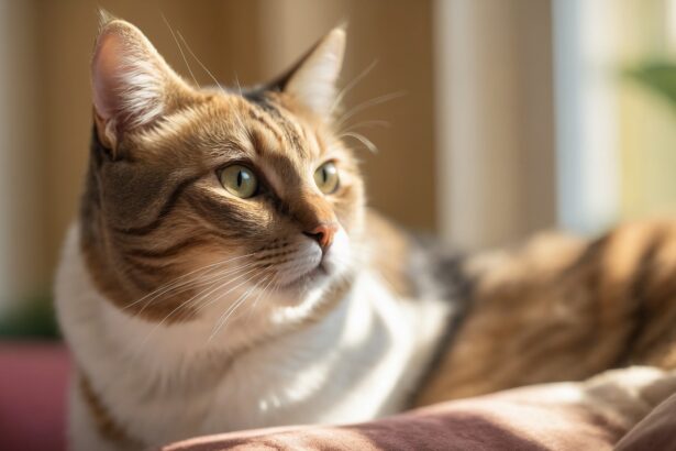 Chat tigré aux yeux verts, allongé sur un coussin, baigné de lumière naturelle douce, regardant attentivement vers la gauche.