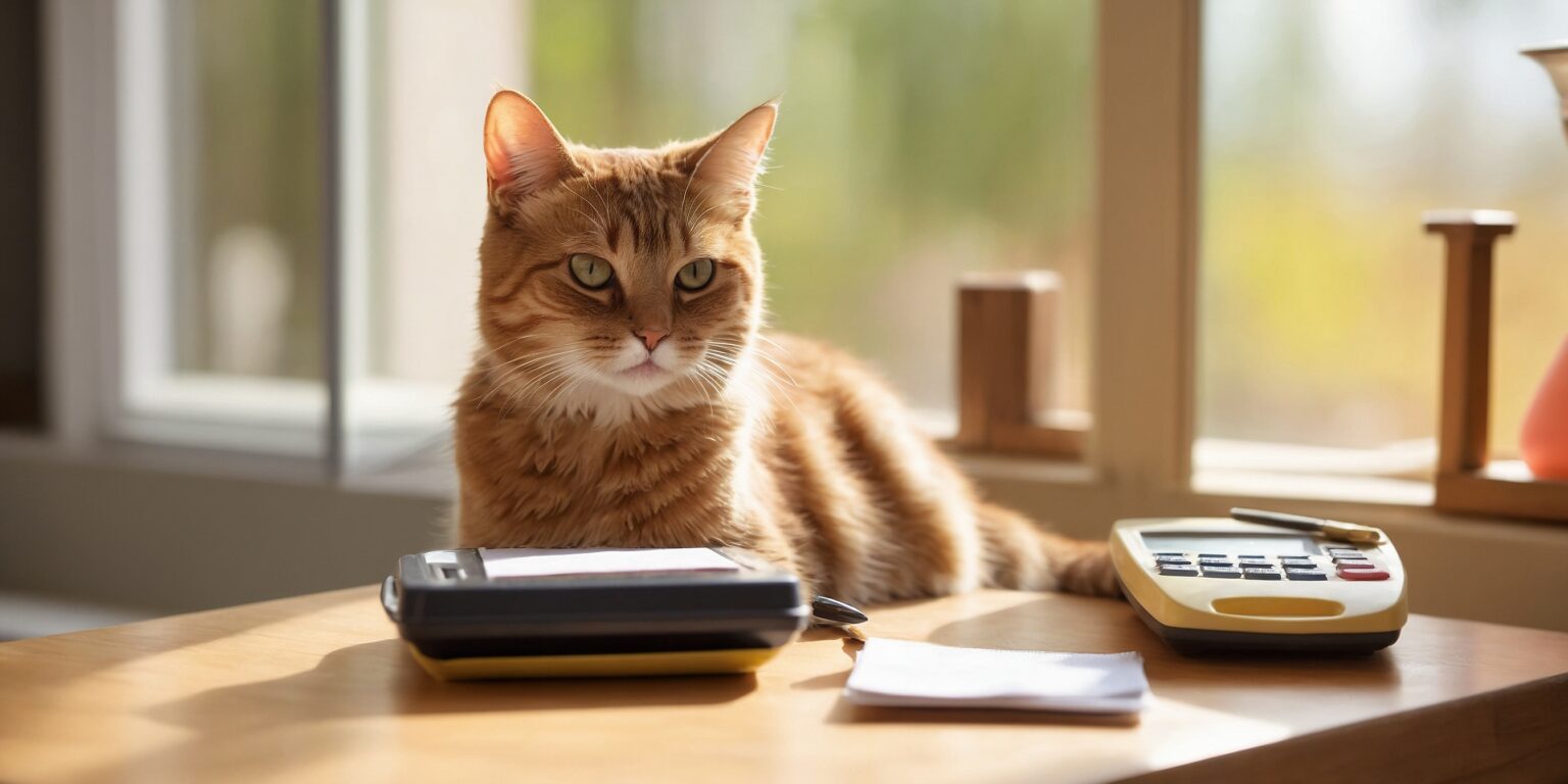 Chat roux allongé sur un bureau ensoleillé entre deux calculatrices, regardant fixement, ambiance calme et studieuse.