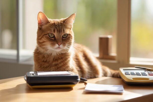 Chat roux allongé sur un bureau ensoleillé entre deux calculatrices, regardant fixement, ambiance calme et studieuse.