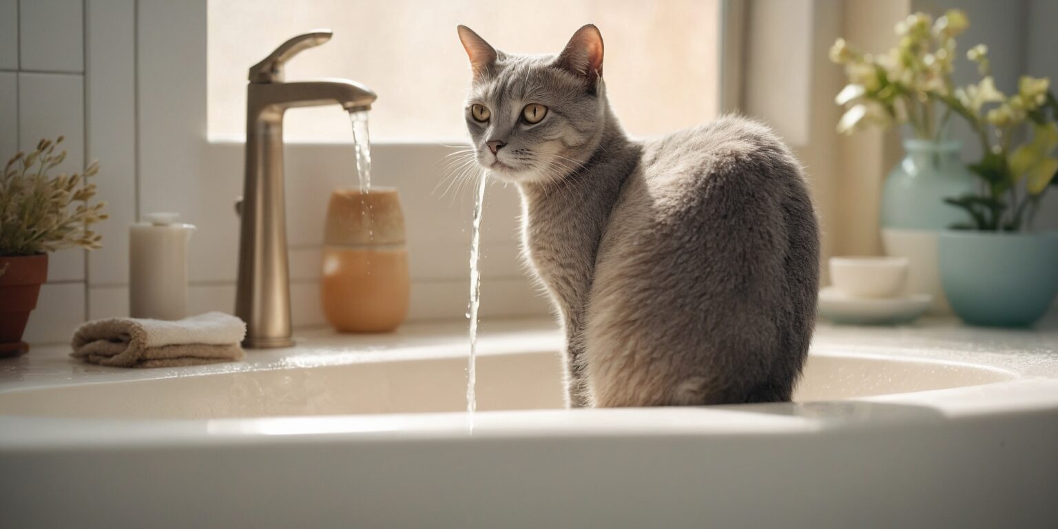 Chat gris assis dans un évier, observant un robinet ouvert. Fleur en pot et serviette à proximité.