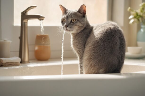 Chat gris assis dans un évier, observant un robinet ouvert. Fleur en pot et serviette à proximité.