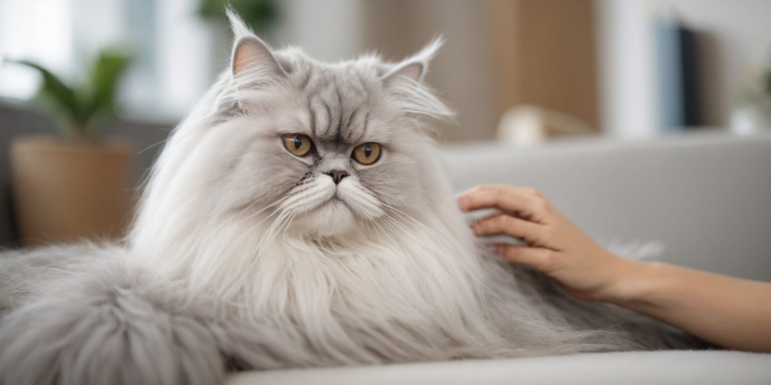 Chat persan gris aux yeux dorés allongé sur un canapé, caressé par une main, dans un intérieur lumineux et calme.