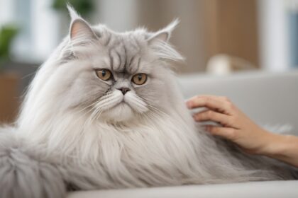 Chat persan gris aux yeux dorés allongé sur un canapé, caressé par une main, dans un intérieur lumineux et calme.
