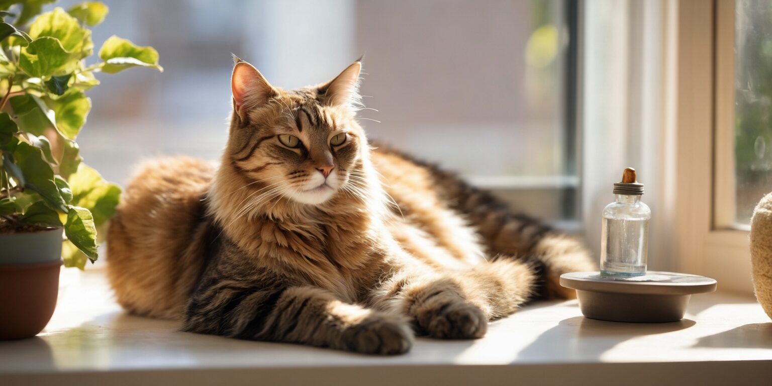Chat tigré allongé sur un rebord de fenêtre ensoleillé, près de plantes vertes et d'une petite bouteille en verre.