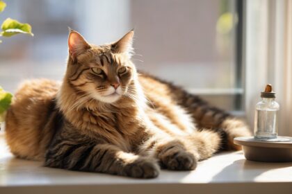 Chat tigré allongé sur un rebord de fenêtre ensoleillé, près de plantes vertes et d'une petite bouteille en verre.