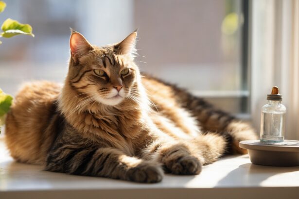 Chat tigré allongé sur un rebord de fenêtre ensoleillé, près de plantes vertes et d'une petite bouteille en verre.