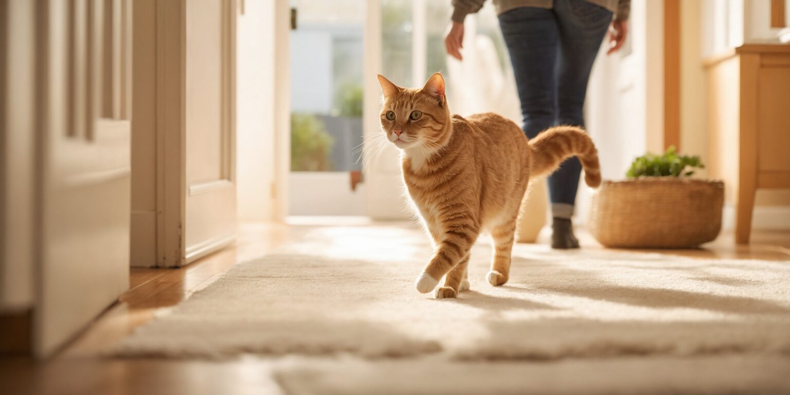 Chat roux marchant dans un salon ensoleillé, une personne en arrière-plan près d'un panier.