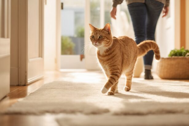 Chat roux marchant dans un salon ensoleillé, une personne en arrière-plan près d'un panier.